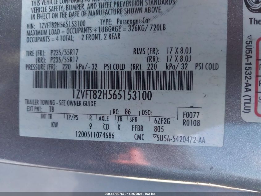 2006 Ford Mustang Gt VIN: 1ZVFT82H565153100 Lot: 43799767