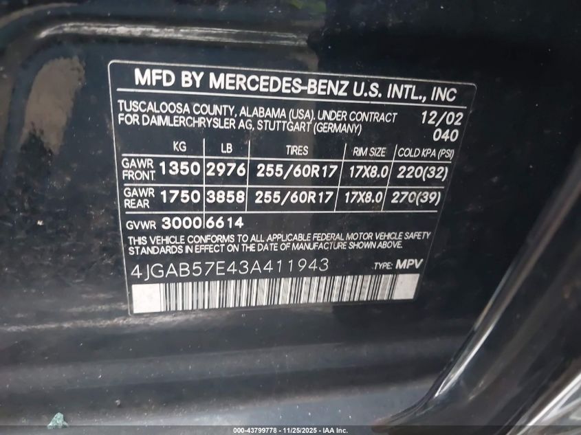 2003 Mercedes-Benz Ml 350 VIN: 4JGAB57E43A411943 Lot: 43799778