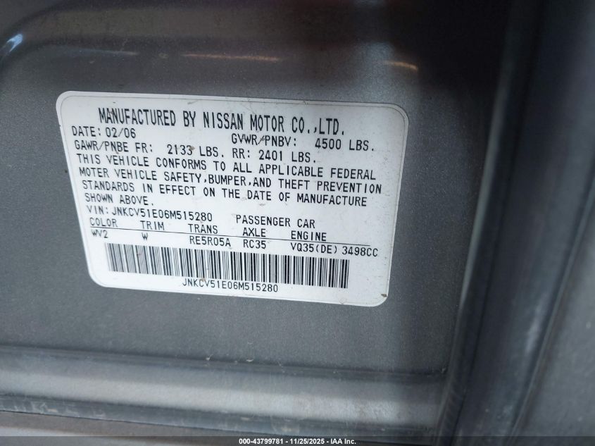 2006 Infiniti G35 VIN: JNKCV51E06M515280 Lot: 43799781