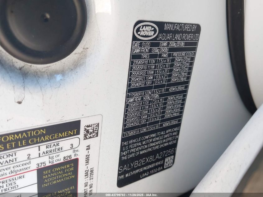 2020 Land Rover Range Rover Velar P250 S VIN: SALYB2EX8LA272561 Lot: 43799783