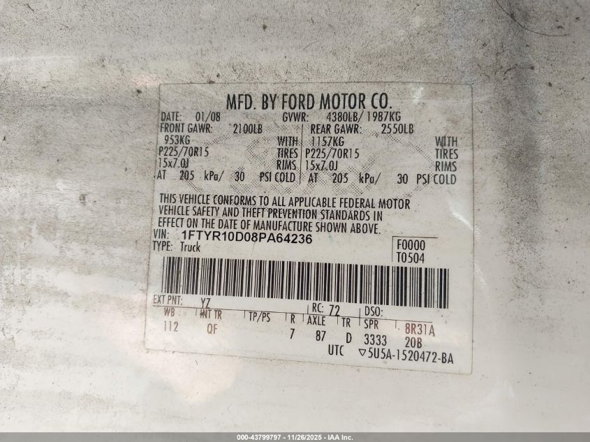 2008 Ford Ranger Xl/Xlt VIN: 1FTYR10D08PA64236 Lot: 43799797