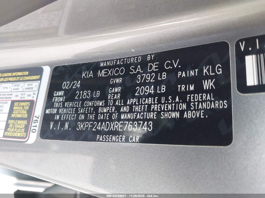 2024 Kia Forte Lxs VIN: 3KPF24ADXRE763743 Lot: 43799807