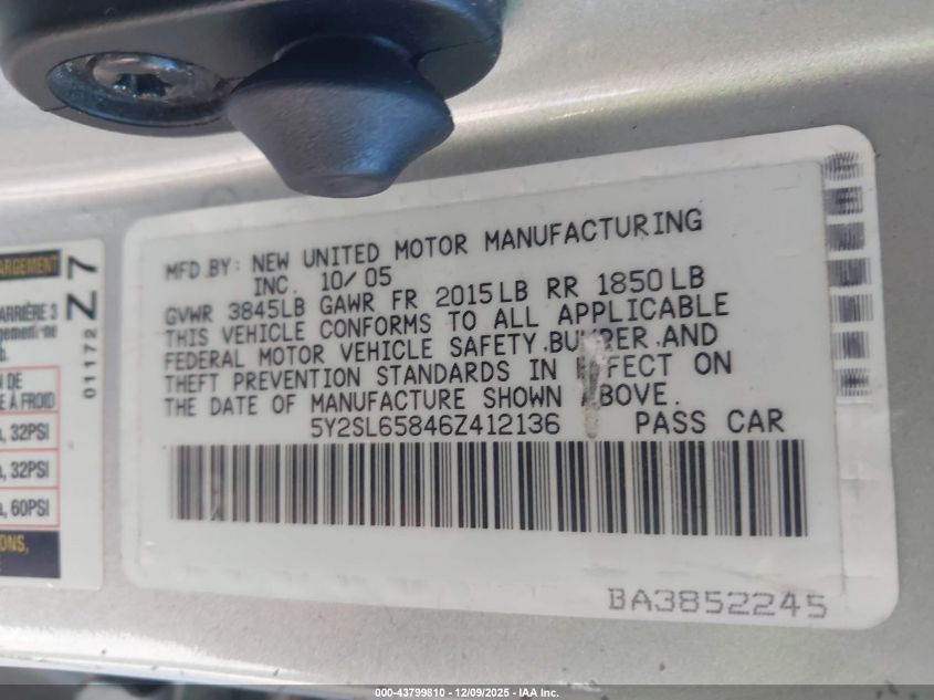 2006 Pontiac Vibe VIN: 5Y2SL65846Z412136 Lot: 43799810