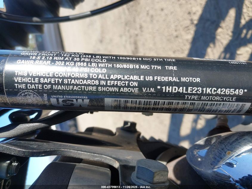 2019 Harley-Davidson Xl883 N VIN: 1HD4LE231KC426549 Lot: 43799813