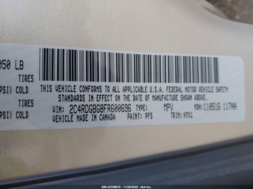 2015 Dodge Grand Caravan American Value Pkg VIN: 2C4RDGBG8FR600696 Lot: 43799815