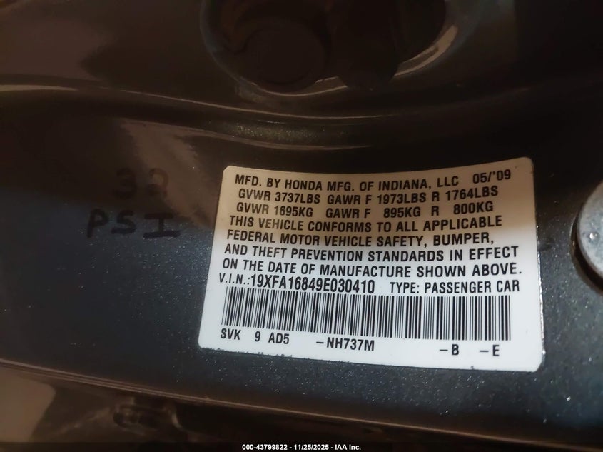 2009 Honda Civic Ex VIN: 19XFA16849E030410 Lot: 43799822