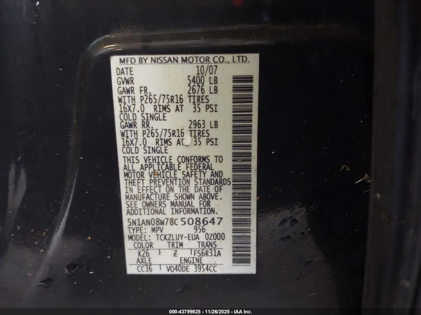 2008 Nissan Xterra Off Road VIN: 5N1AN08W78C508647 Lot: 43799828