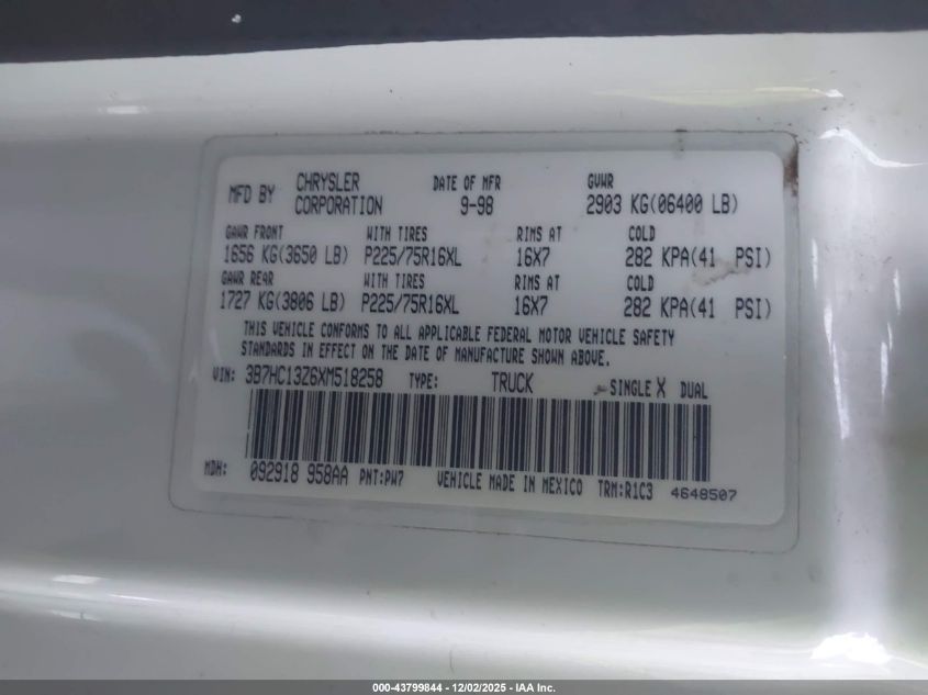 1999 Dodge Ram 1500 St VIN: 3B7HC13Z6XM518258 Lot: 43799844