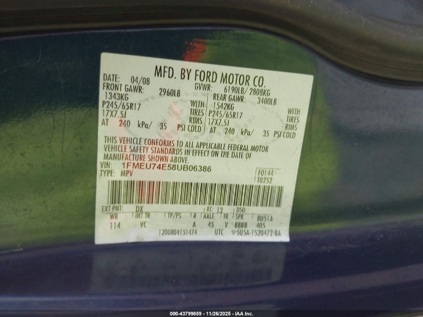 2008 Ford Explorer Eddie Bauer VIN: 1FMEU74E58UB06386 Lot: 43799859