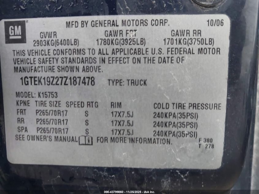 2007 GMC Sierra 1500 Classic Sle1 VIN: 1GTEK19Z27Z187478 Lot: 43799860