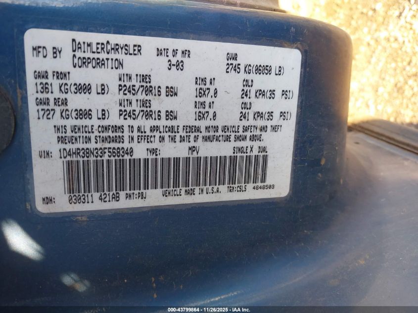 2003 Dodge Durango Sport/Sxt VIN: 1D4HR38N33F568340 Lot: 43799864