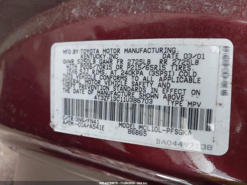 2001 Toyota Sienna Le VIN: 4T3ZF13C11U386703 Lot: 43799879