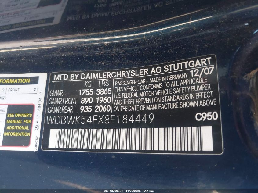 2008 Mercedes-Benz Slk 280 VIN: WDBWK54FX8F184449 Lot: 43799881