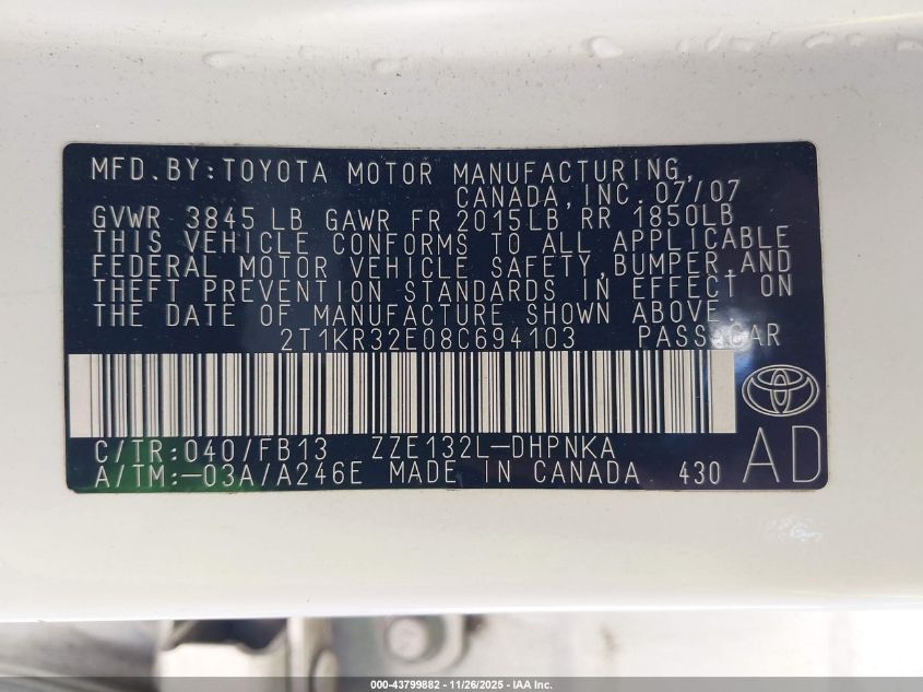 2008 Toyota Matrix Xr VIN: 2T1KR32E08C694103 Lot: 43799882