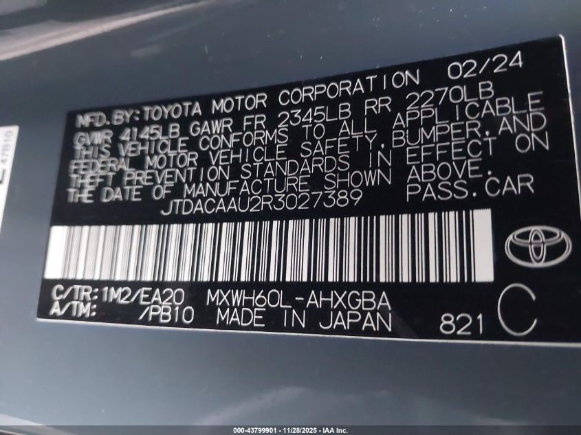 2024 Toyota Prius Xle VIN: JTDACAAU2R3027389 Lot: 43799901