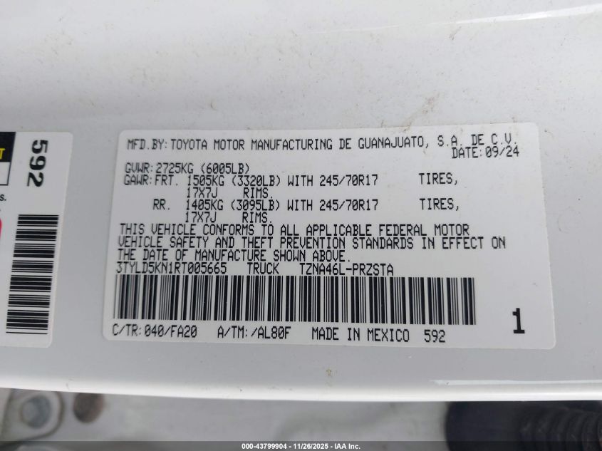 2024 Toyota Tacoma Sr VIN: 3TYLD5KN1RT005665 Lot: 43799904