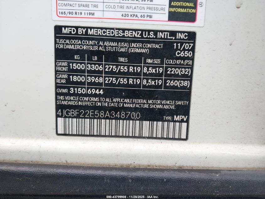 2008 Mercedes-Benz Gl 320 Cdi 4Matic VIN: 4JGBF22E58A348700 Lot: 43799908