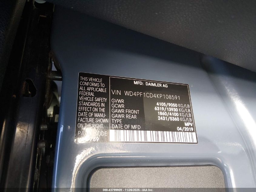 2019 Mercedes-Benz Sprinter 2500 High Roof V6 VIN: WD4PF1CD4KP108591 Lot: 43799909