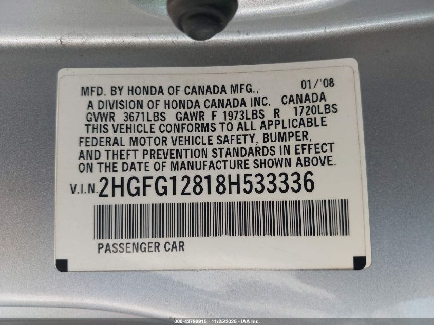 2008 Honda Civic Ex VIN: 2HGFG12818H533336 Lot: 43799915