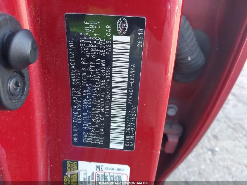 2007 Toyota Camry Le VIN: 4T1BE46KX7U140095 Lot: 43799914