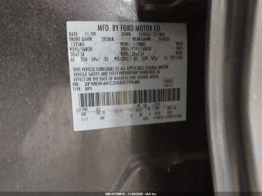 2010 Ford Edge Limited VIN: 2FMDK4KC2ABA70640 Lot: 43799918