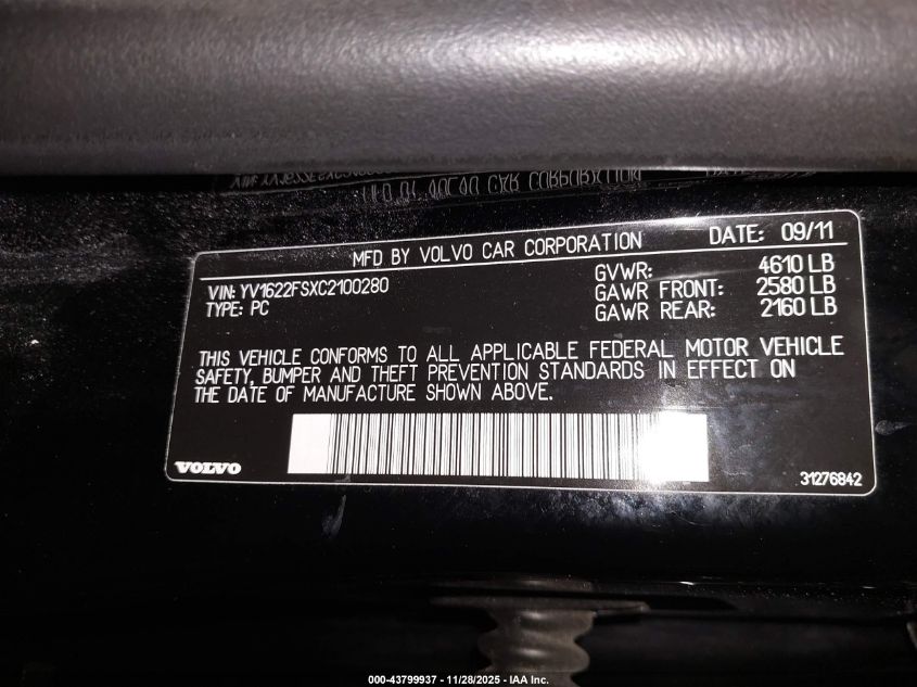 2012 Volvo S60 T5 VIN: YV1622FSXC2100280 Lot: 43799937
