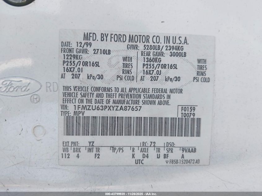 2000 Ford Explorer Xlt VIN: 1FMZU63PXYZA87657 Lot: 43799939