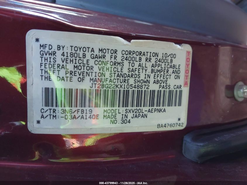 2001 Toyota Camry Le VIN: JT2BG22KX10548872 Lot: 43799943