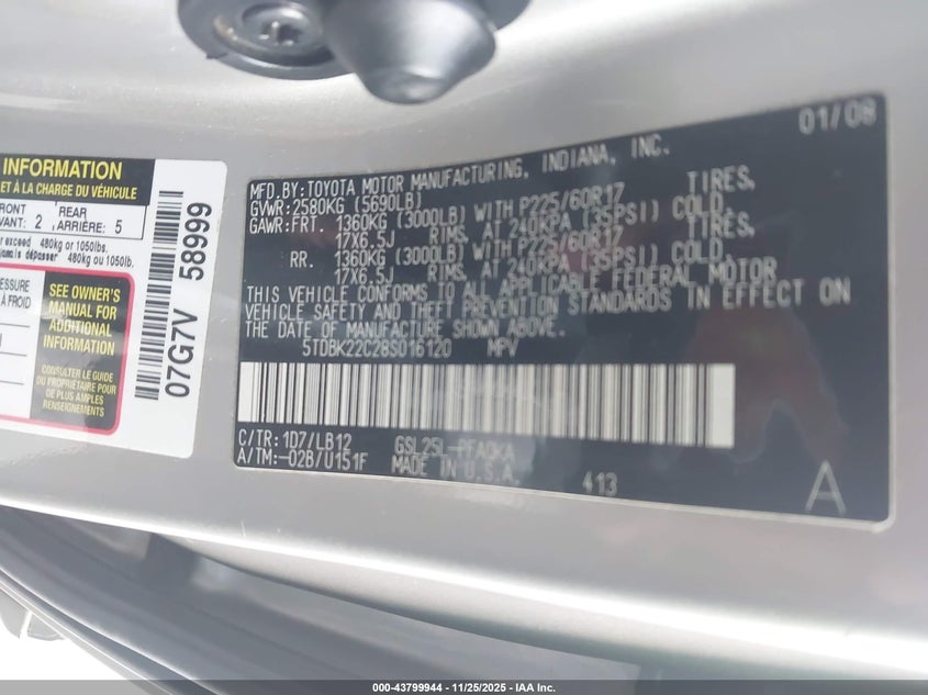 2008 Toyota Sienna Limited VIN: 5TDBK22C28S016120 Lot: 43799944