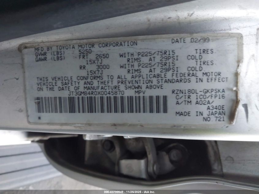 1999 Toyota 4Runner VIN: JT3GM84R0X0045870 Lot: 43799949