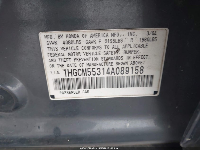 2004 Honda Accord 2.4 Lx VIN: 1HGCM55314A089158 Lot: 43799951