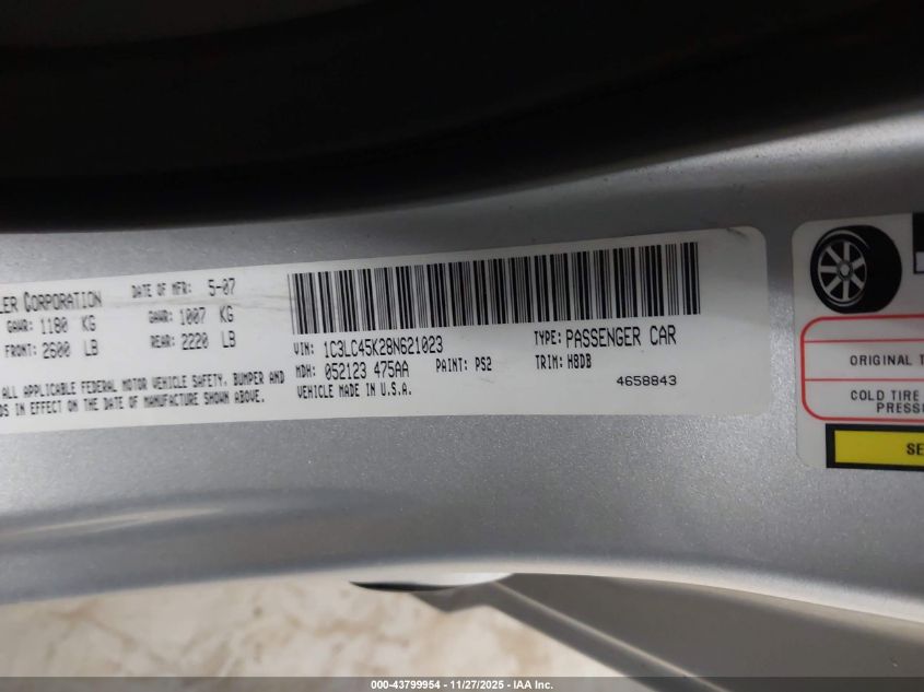 2008 Chrysler Sebring Lx VIN: 1C3LC45K28N621023 Lot: 43799954