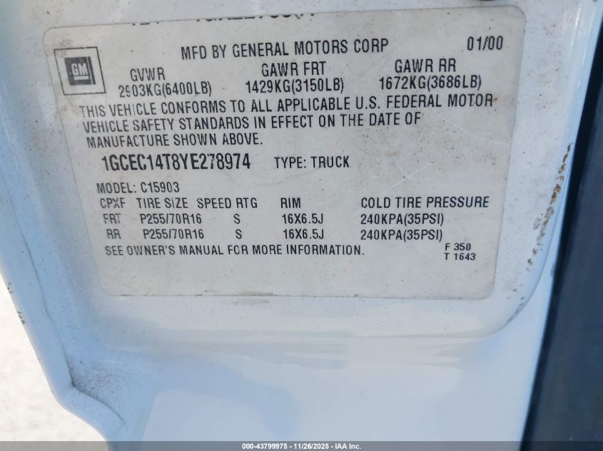 2000 Chevrolet Silverado 1500 VIN: 1GCEC14T8YE278974 Lot: 43799975