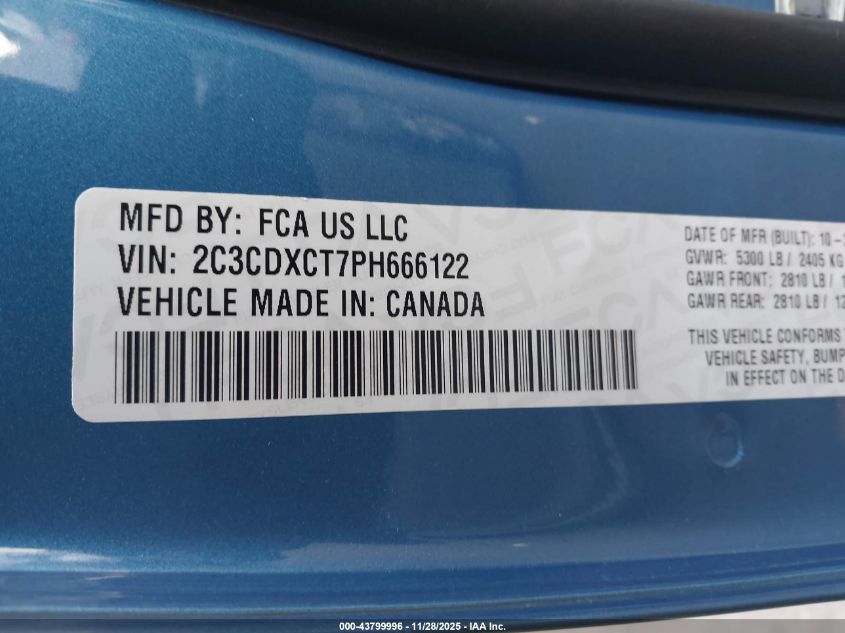 2023 Dodge Charger R/T VIN: 2C3CDXCT7PH666122 Lot: 43799996