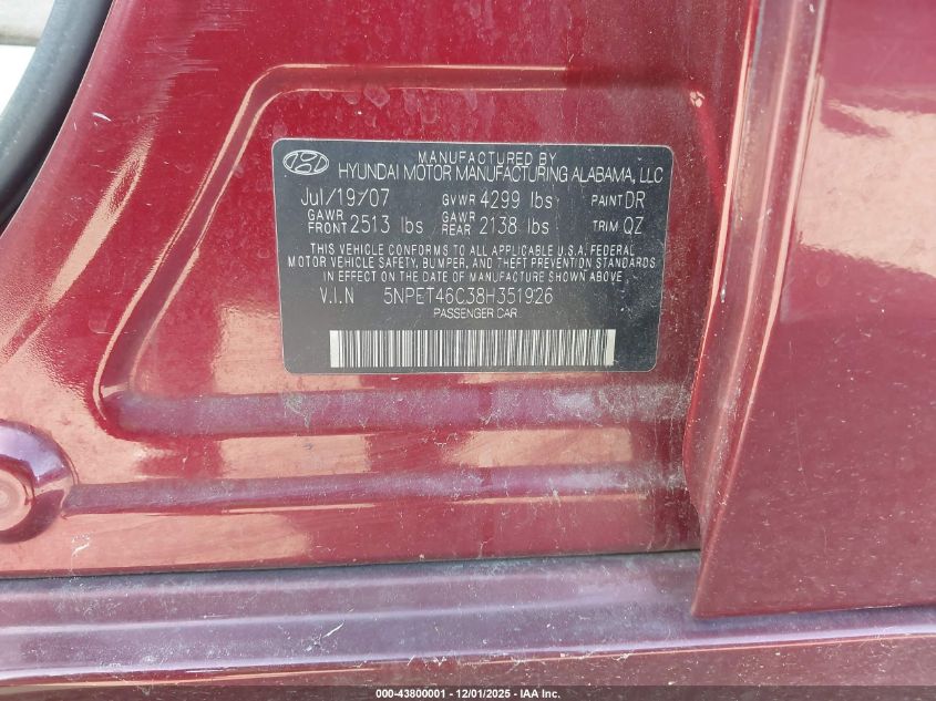 2008 Hyundai Sonata Gls VIN: 5NPET46C38H351926 Lot: 43800001