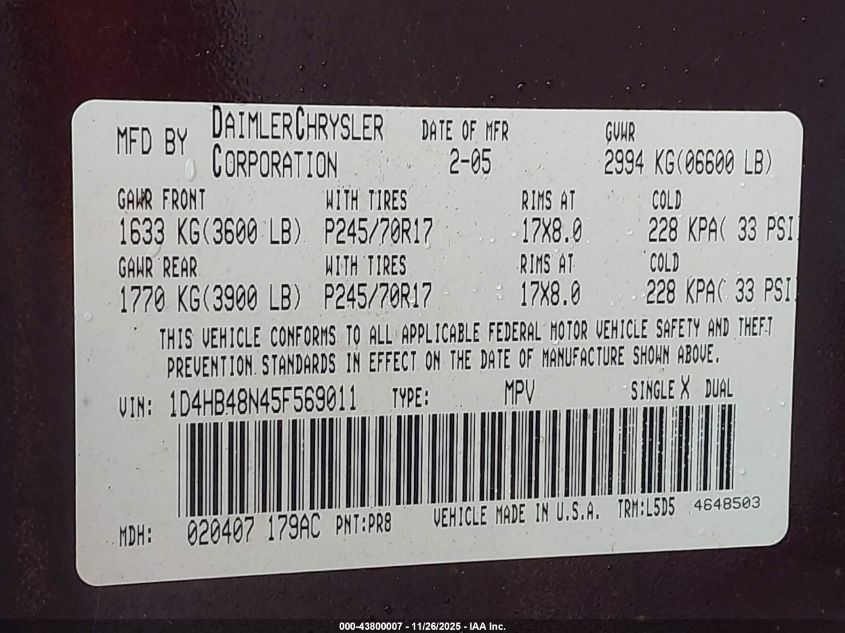 2005 Dodge Durango Slt VIN: 1D4HB48N45F569011 Lot: 43800007
