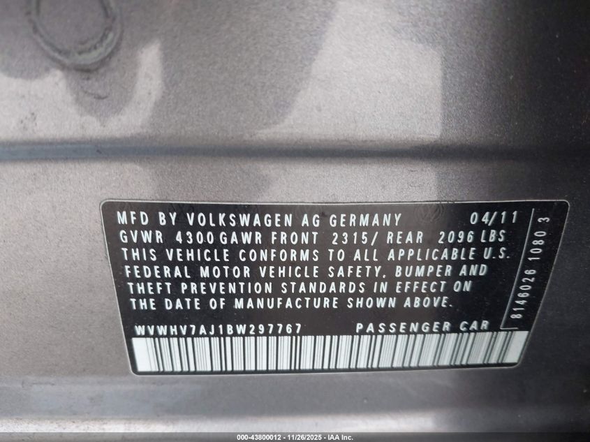 2011 Volkswagen Gti 4-Door VIN: WVWHV7AJ1BW297767 Lot: 43800012