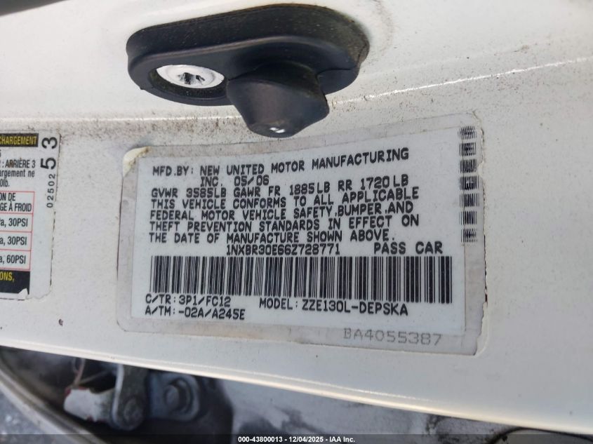 2006 Toyota Corolla S VIN: 1NXBR30E66Z728771 Lot: 43800013