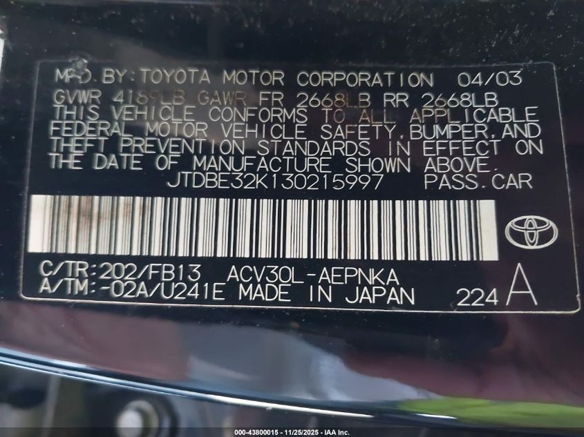 2003 Toyota Camry Le VIN: JTDBE32K130215997 Lot: 43800015