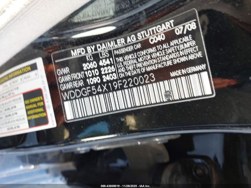 2009 Mercedes-Benz C 300 Luxury/Sport VIN: WDDGF54X19F220023 Lot: 43800019
