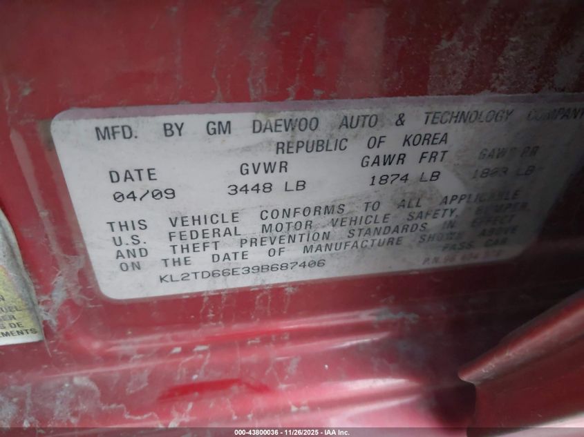 2009 Pontiac G3 VIN: KL2TD66E39B687406 Lot: 43800036