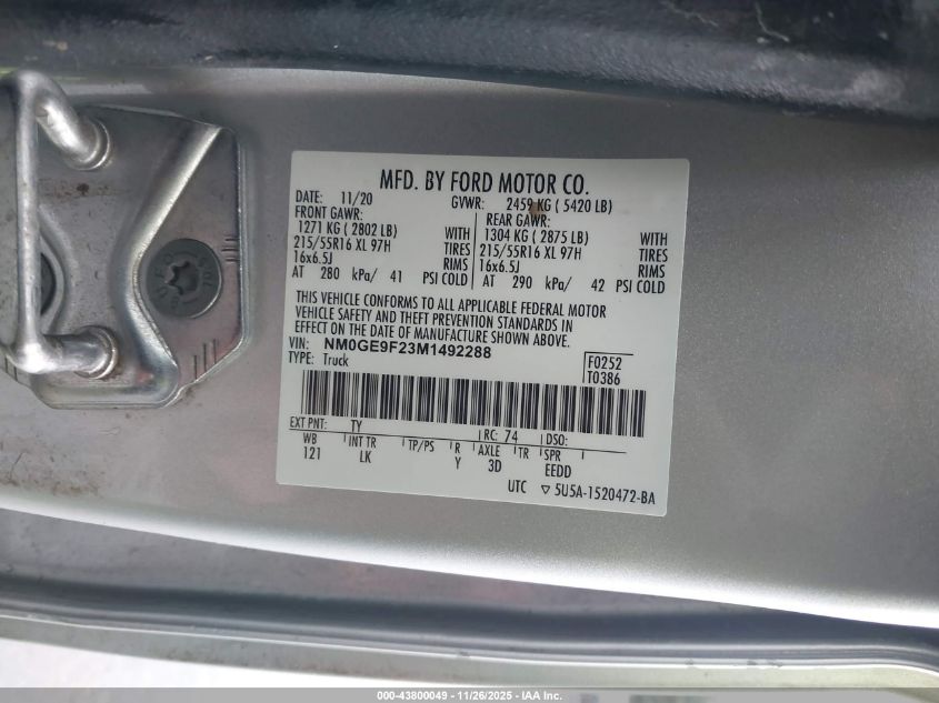 2021 Ford Transit Connect Xlt Passenger VIN: NM0GE9F23M1492288 Lot: 43800049