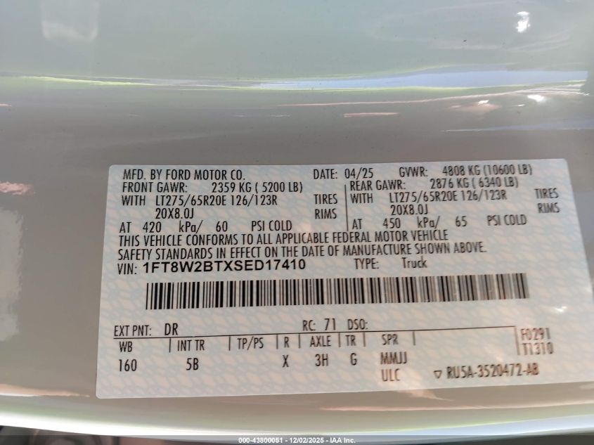 2025 Ford F-250 Lariat VIN: 1FT8W2BTXSED17410 Lot: 43800051
