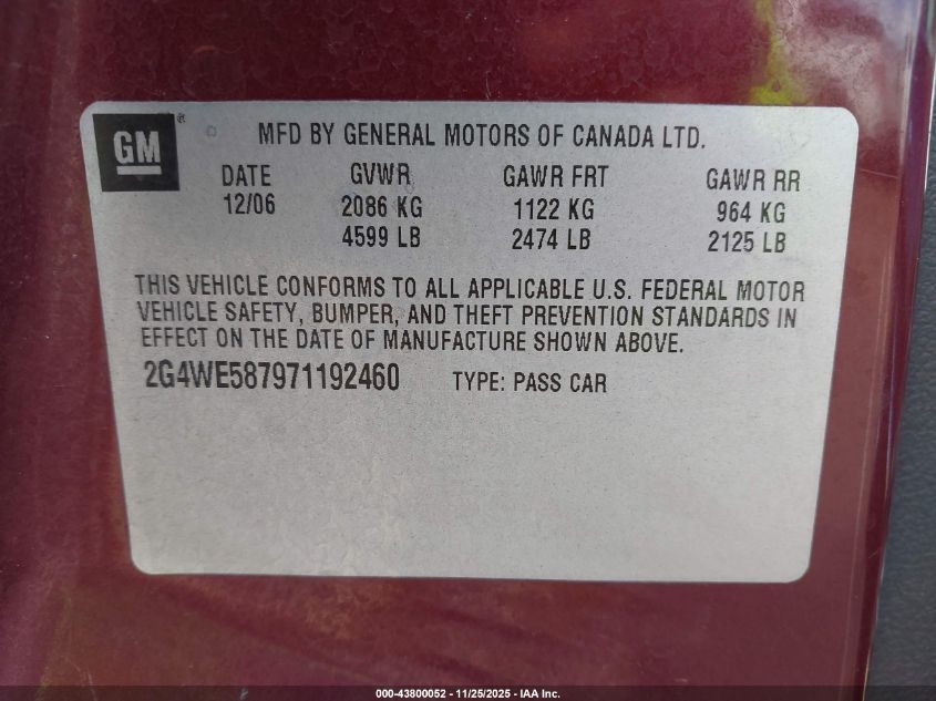 2007 Buick Lacrosse Cxs VIN: 2G4WE587971192460 Lot: 43800052