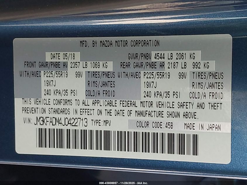 2018 Mazda Cx-5 Grand Touring VIN: JM3KFADM4J0422713 Lot: 43800057