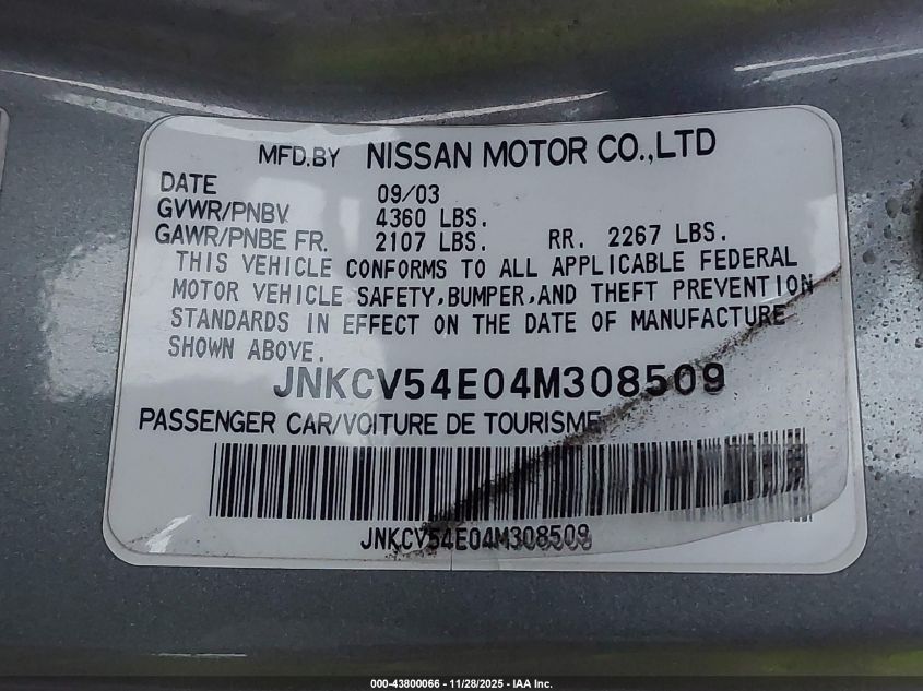 2004 Infiniti G35 VIN: JNKCV54E04M308509 Lot: 43800066