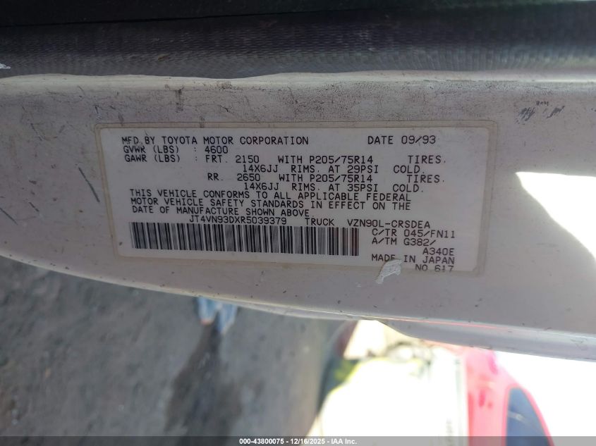 1994 Toyota Pickup 1/2 Ton Ex Lng Whlbase/Dx VIN: JT4VN93DXR5039379 Lot: 43800075