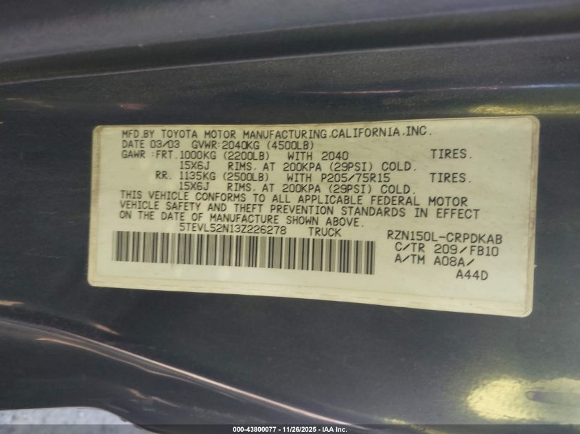 2003 Toyota Tacoma VIN: 5TEVL52N13Z226278 Lot: 43800077
