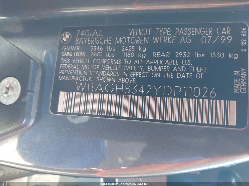 2000 BMW 740Il VIN: WBAGH8342YDP11026 Lot: 43800081
