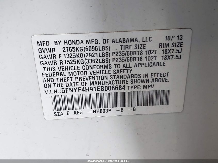 2014 Honda Pilot Touring VIN: 5FNYF4H91EB006684 Lot: 43800086